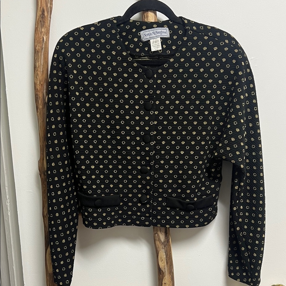 Norton McNaughton Black & Gold Polka Dot Knit Button-Up Cropped Jacket Medium